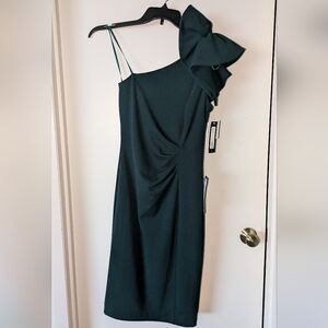 NWT Betsy & Adam Elegant One-Shoulder Bow Midi Dress - Dark Green
